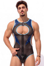 Joyglove Shiny Blue-Trim Mesh Singlet Bodysuit, Full-Length Zipper & Sculpted Fit
