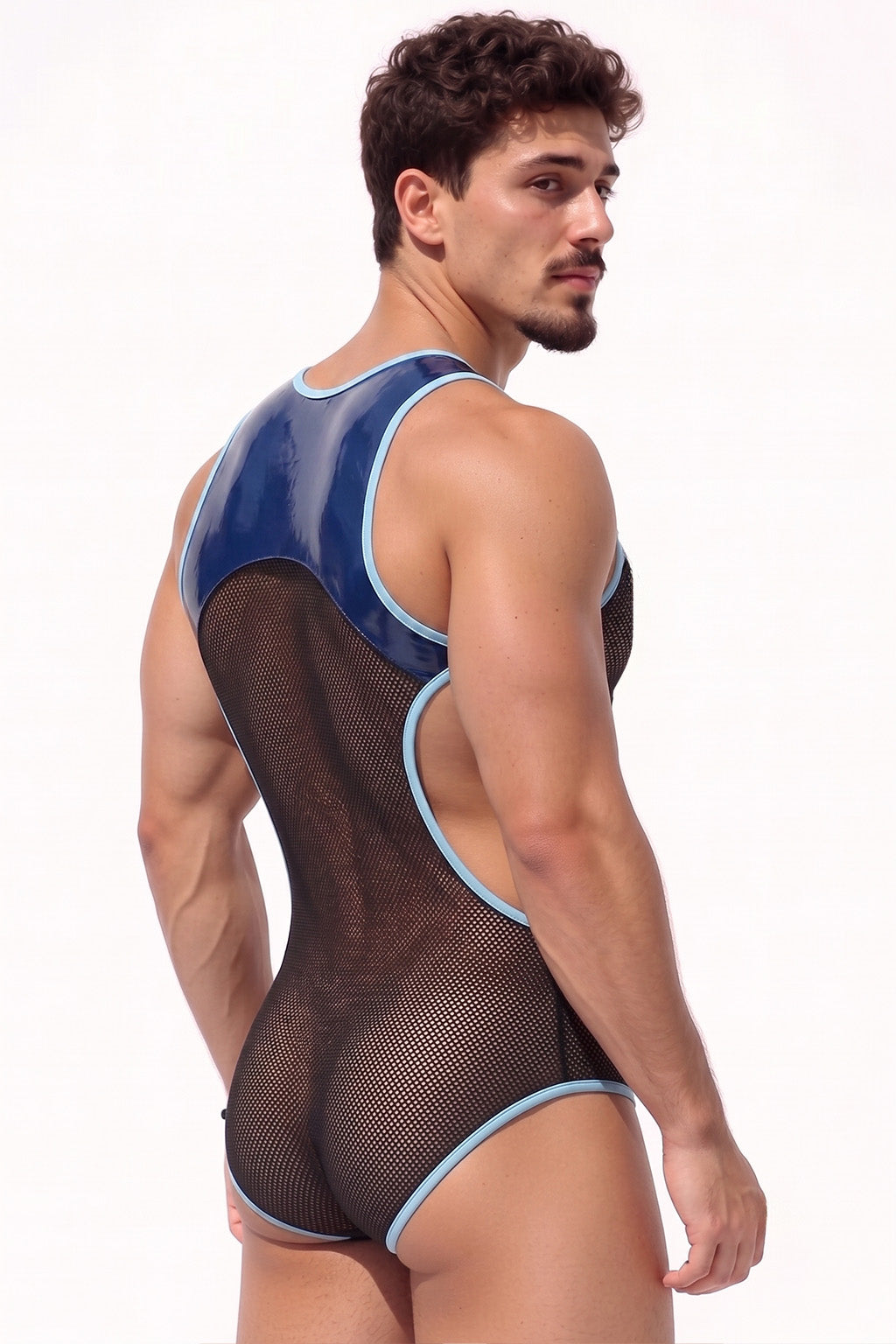 Joyglove Shiny Blue-Trim Mesh Singlet Bodysuit, Full-Length Zipper & Sculpted Fit