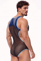 Joyglove Shiny Blue-Trim Mesh Singlet Bodysuit, Full-Length Zipper & Sculpted Fit