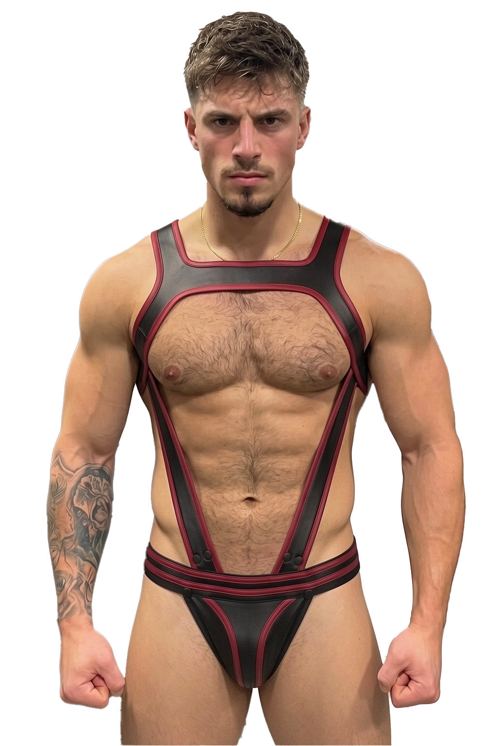 Joyglove Black & Burgundy PU Leather Harness Jockstrap Set, O-Ring X-Back