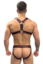 Joyglove Black & Burgundy PU Leather Harness Jockstrap Set, O-Ring X-Back