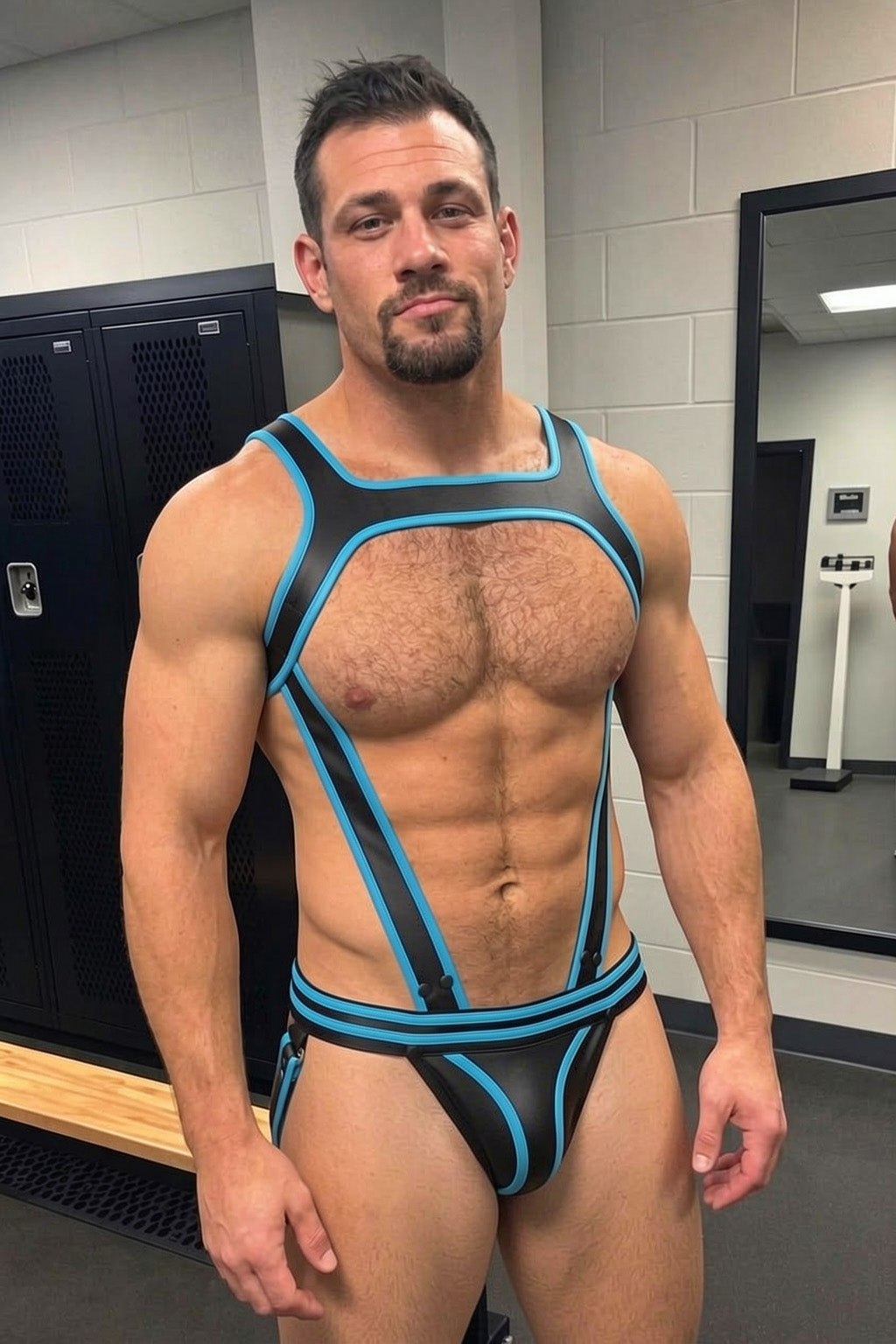Joyglove Black & Blue PU Leather Harness Jockstrap Set, O-Ring X-Back Design