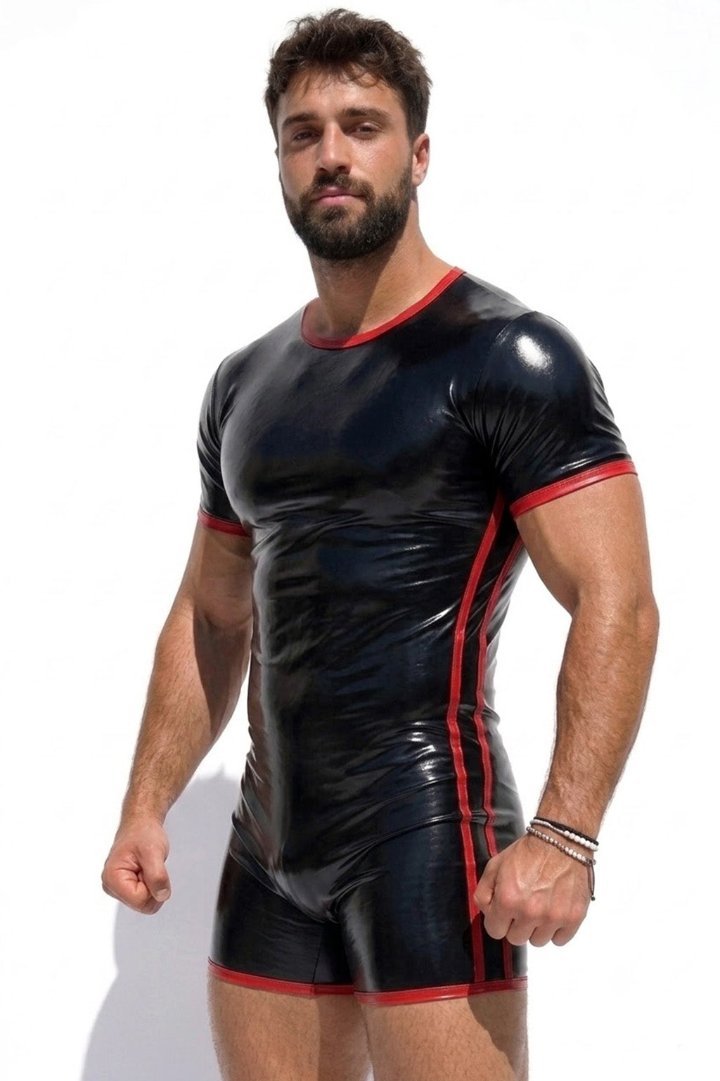 Joyglove Glossy PU Leather Short-Sleeve Singlet, Back Zipper with Open-Seat Cutout