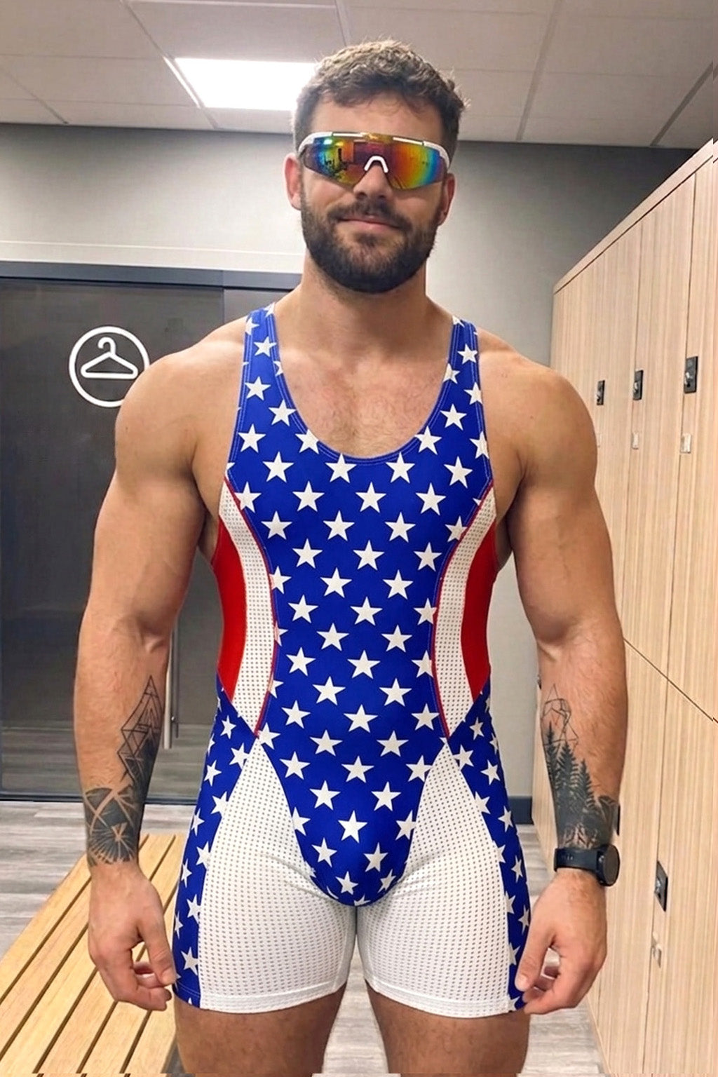 Joyglove Stars & Stripes Wrestling Singlet, USA Flag Print with Racerback Fit