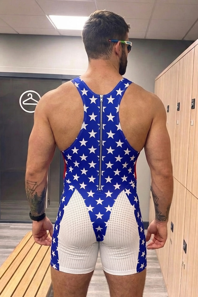Joyglove Stars & Stripes Wrestling Singlet, USA Flag Print with Racerback Fit
