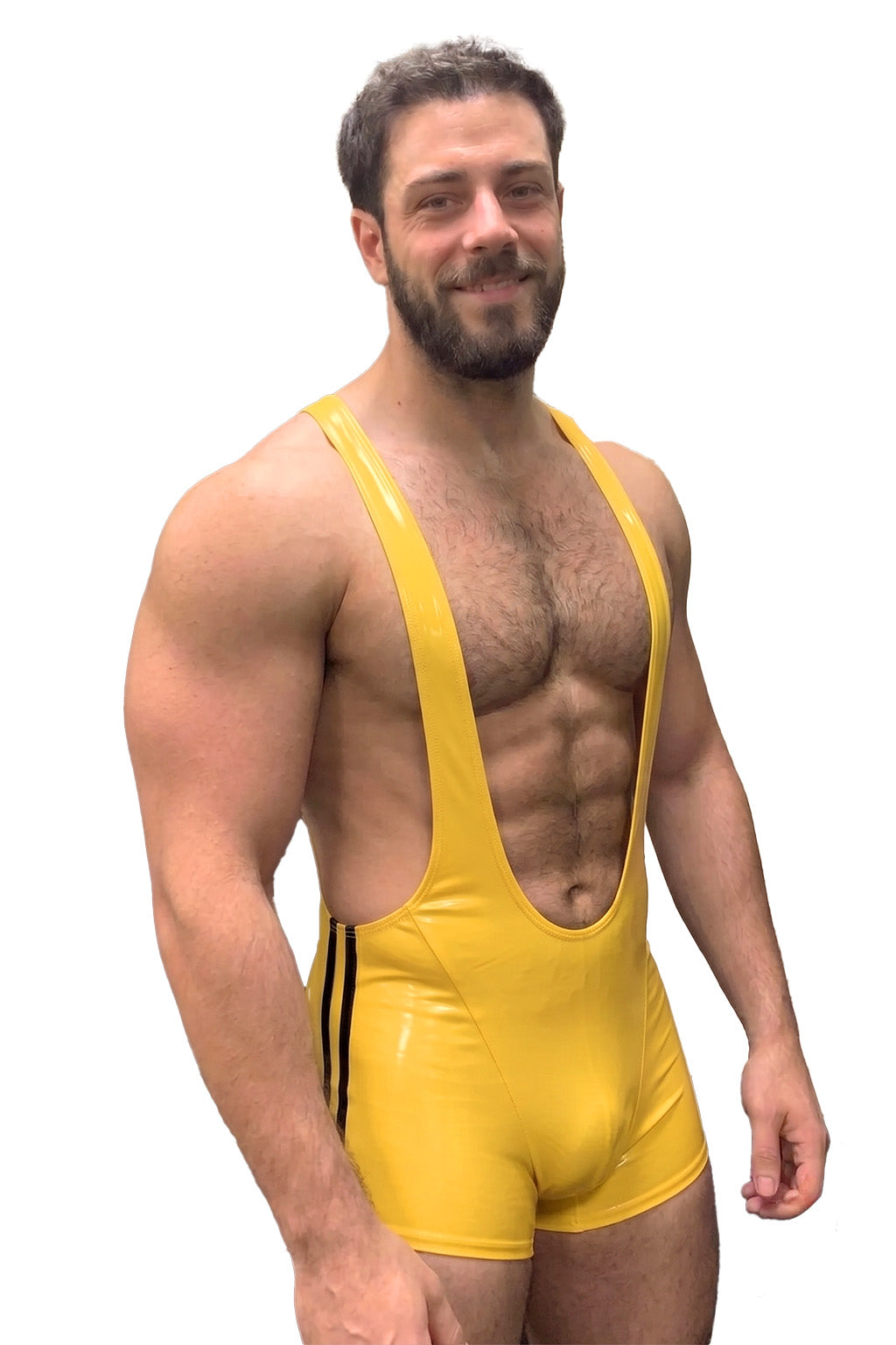 Joyglove Men's Shiny Yellow PU Leather Open-Back Athletic Bodysuit with Matching Brief