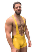 Joyglove Men's Shiny Yellow PU Leather Open-Back Athletic Bodysuit with Matching Brief