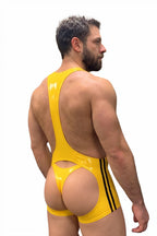 Joyglove Men's Shiny Yellow PU Leather Open-Back Athletic Bodysuit with Matching Brief
