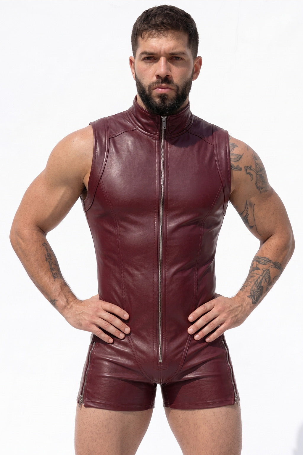 Joyglove Burgundy PU Leather Zip-Up Singlet, High Neck with Open-Seat Cutout