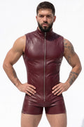 Joyglove Burgundy PU Leather Zip-Up Singlet, High Neck with Open-Seat Cutout