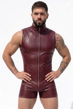 Joyglove Burgundy PU Leather Zip-Up Singlet, High Neck with Open-Seat Cutout