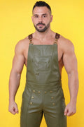 Joyglove PU Leather Overall Pants, Olive Green Bib Front with Pocket & Suspenders