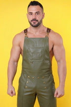 Joyglove PU Leather Overall Pants, Olive Green Bib Front with Pocket & Suspenders
