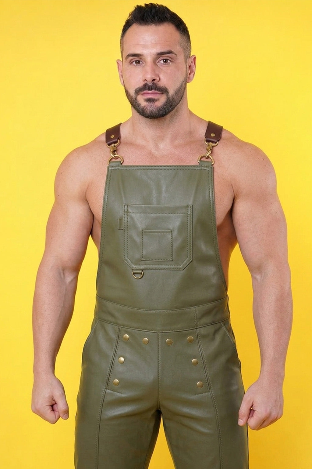 Joyglove PU Leather Overall Pants, Olive Green Bib Front with Pocket & Suspenders