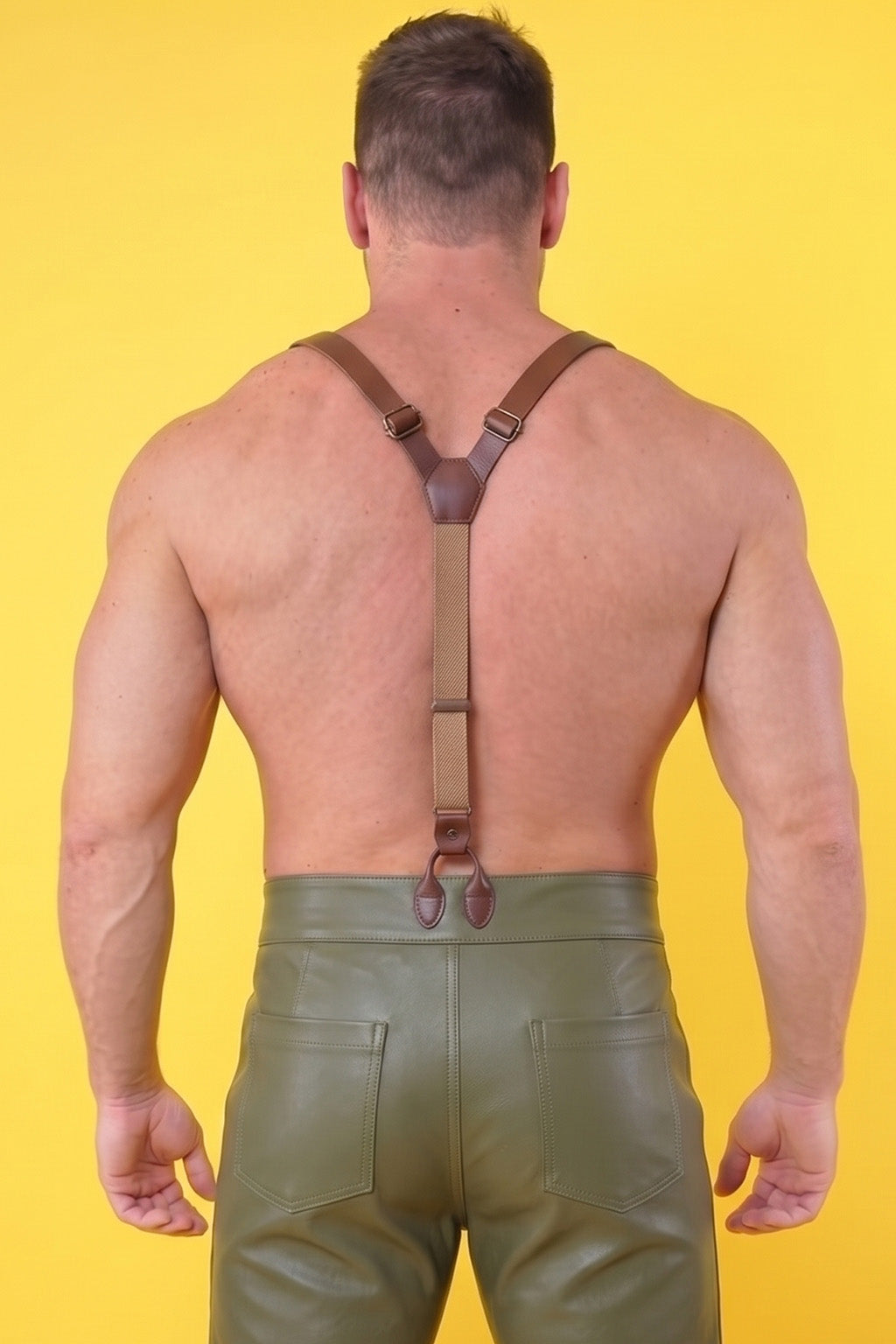 Joyglove PU Leather Overall Pants, Olive Green Bib Front with Pocket & Suspenders