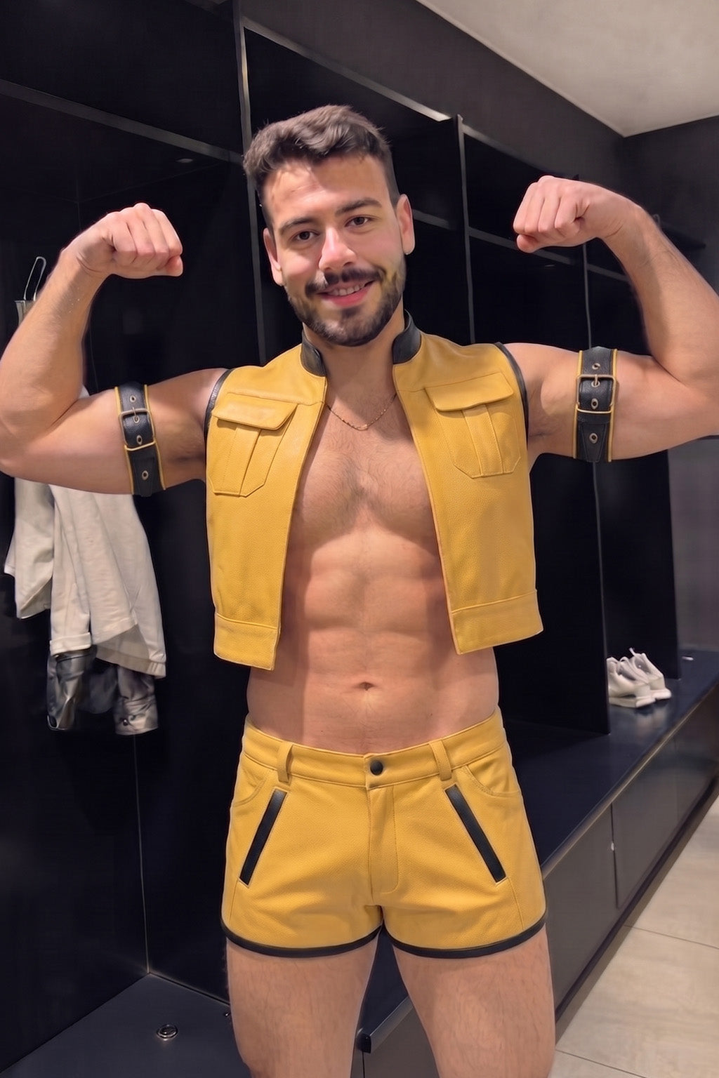 Joyglove PU Leather Utility Vest & Shorts Set, Yellow Contrast Trim with Open-Seat Back