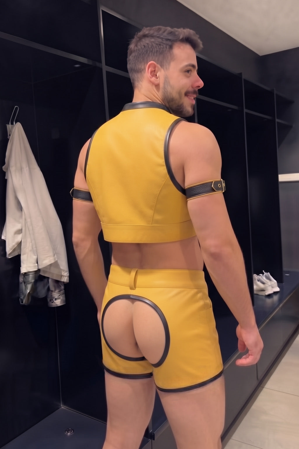 Joyglove PU Leather Utility Vest & Shorts Set, Yellow Contrast Trim with Open-Seat Back