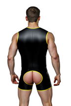 Joyglove Bold Cut-Out PU Leather Bodysuit for Men – Sleeveless, Black with Yellow Highlights