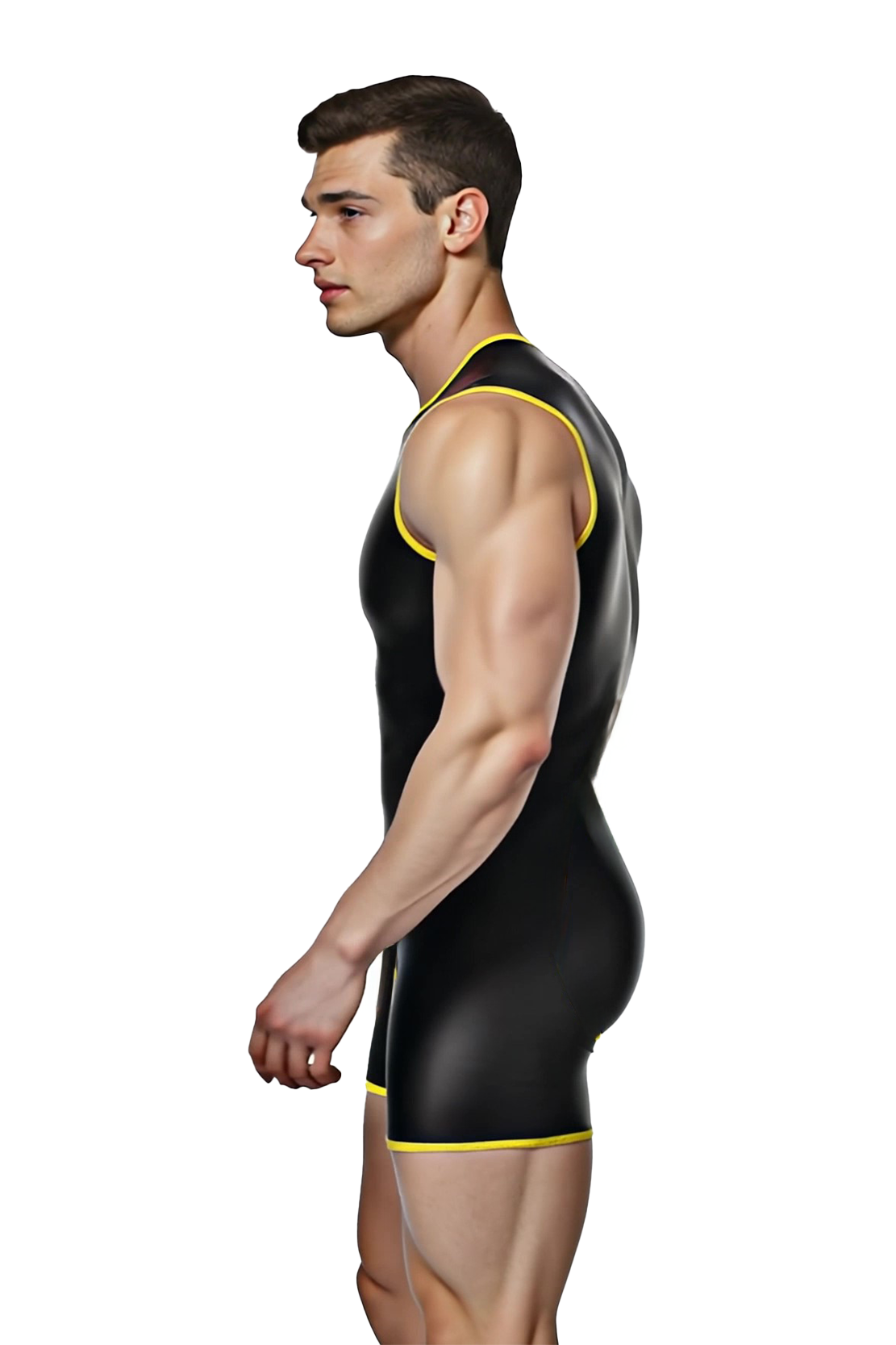 Joyglove Bold Cut-Out PU Leather Bodysuit for Men – Sleeveless, Black with Yellow Highlights