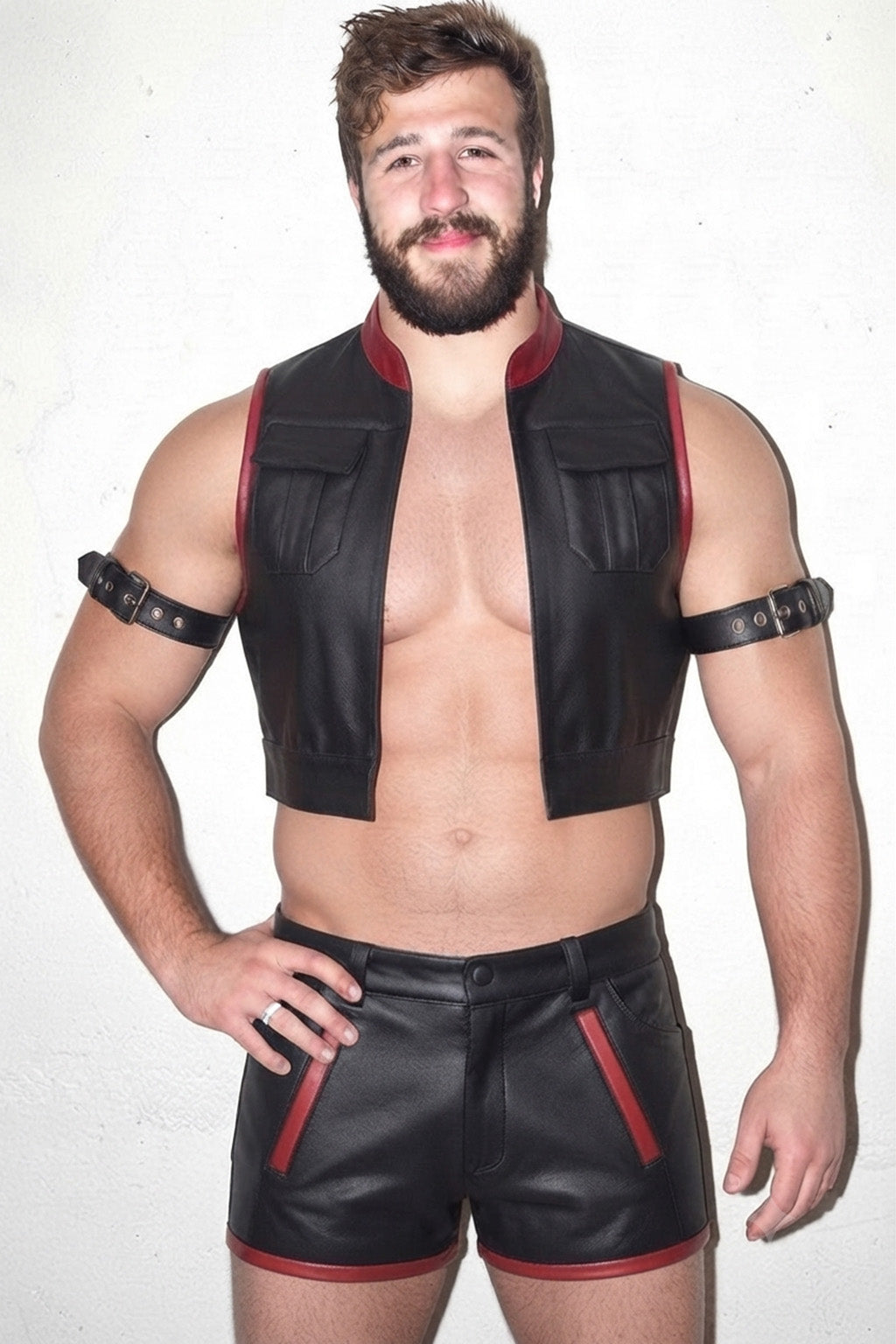 Joyglove Black & Red PU Leather Vest Set, Open-Front Crop Vest + Cutout Shorts
