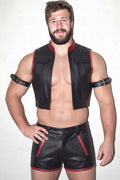 Joyglove Black & Red PU Leather Vest Set, Open-Front Crop Vest + Cutout Shorts