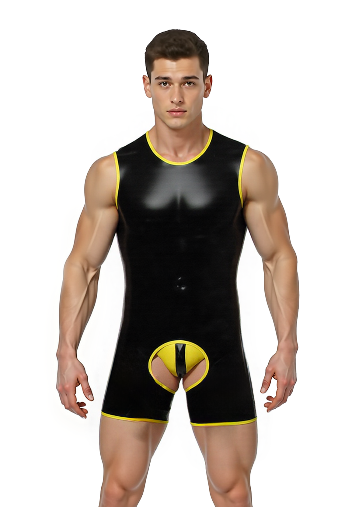 Joyglove Bold Cut-Out PU Leather Bodysuit for Men – Sleeveless, Black with Yellow Highlights