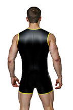 Joyglove Bold Cut-Out PU Leather Bodysuit for Men – Sleeveless, Black with Yellow Highlights