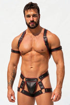 Joyglove Black & Burgundy PU Leather Harness Set, Arm Bands + Strappy Thong with Rings