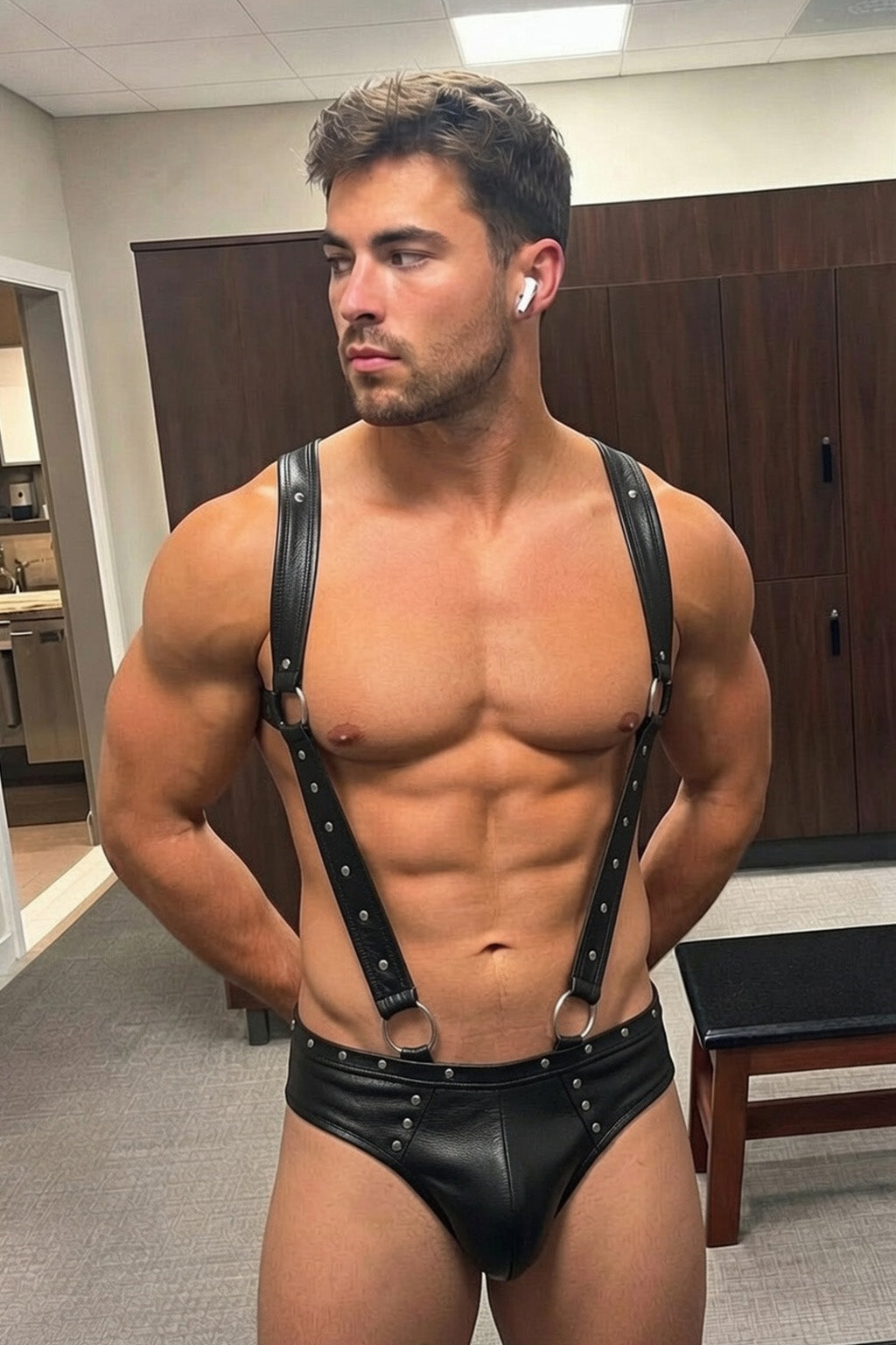 Joyglove PU Leather Harness & Jockstrap Set, Studded Briefs with X-Back Ring Straps