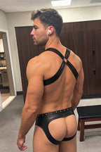 Joyglove PU Leather Harness & Jockstrap Set, Studded Briefs with X-Back Ring Straps