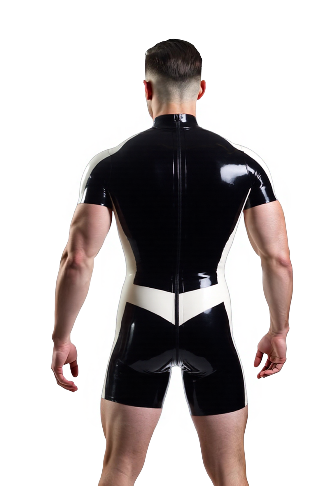 Joyglove Men’s Glossy PU Leather Short Catsuit – Black & White Contrast with Back Zipper