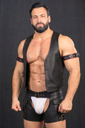Joyglove PU Leather Vest & Garter Shorts Set, Open-Seat Chaps Style with Arm Bands