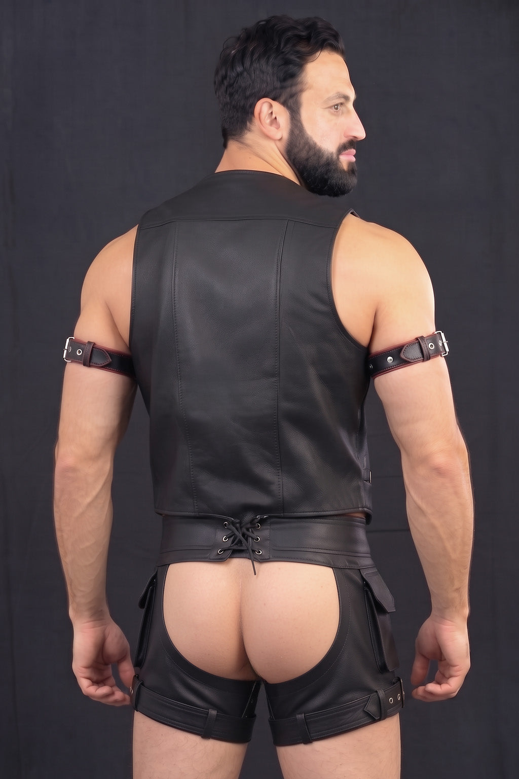 Joyglove PU Leather Vest & Garter Shorts Set, Open-Seat Chaps Style with Arm Bands
