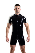 Joyglove Men’s Glossy PU Leather Short Catsuit – Black & White Contrast with Back Zipper