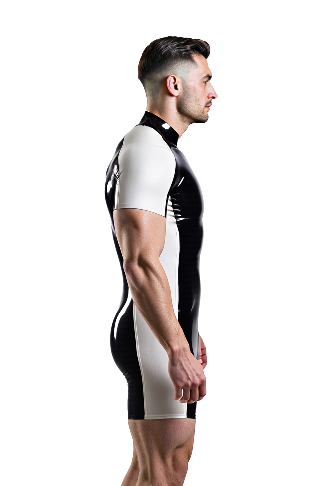 Joyglove Men’s Glossy PU Leather Short Catsuit – Black & White Contrast with Back Zipper