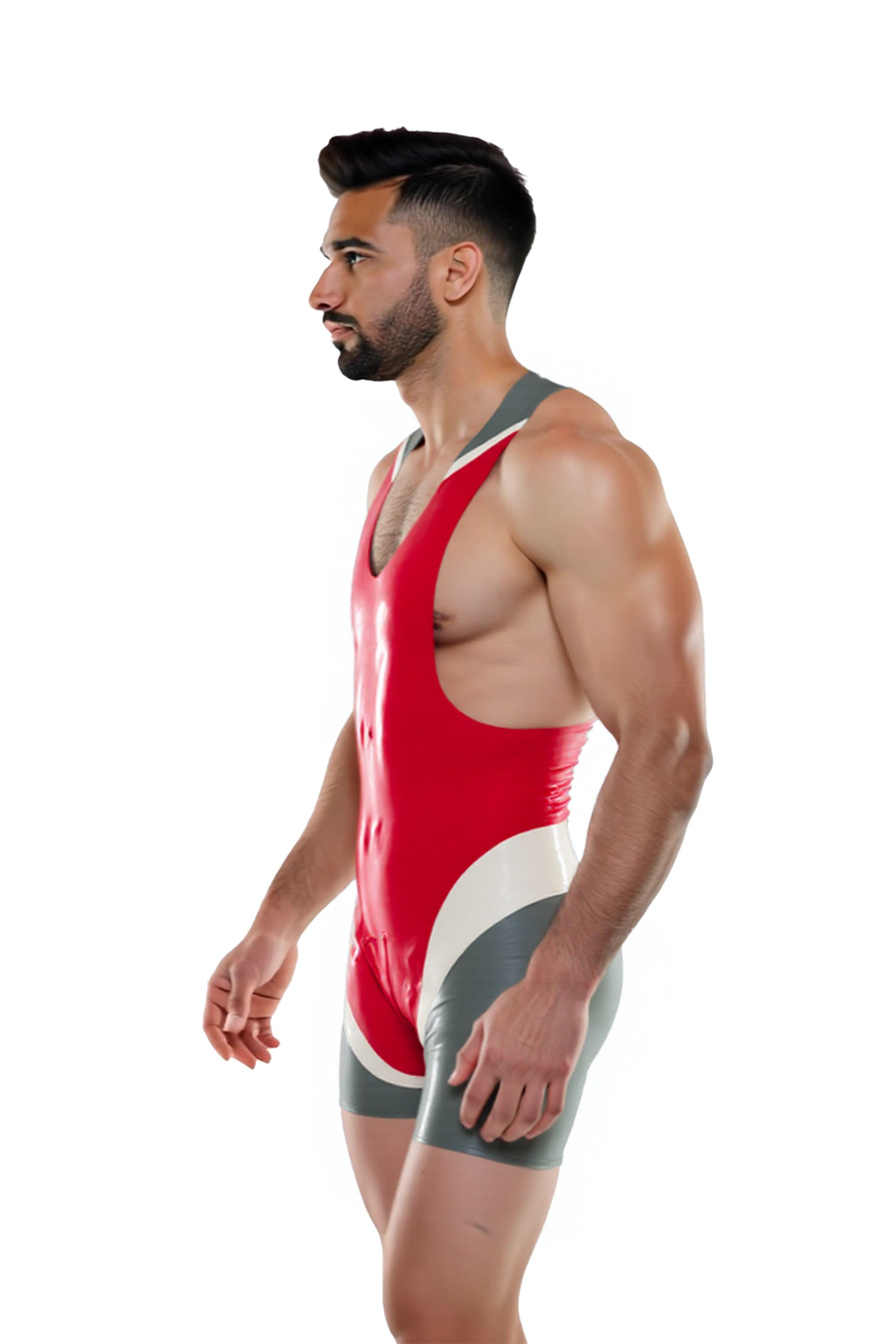 Joyglove Men’s Glossy PU Leather Wrestling Singlet – Black, Blue& Pink Power Panel Design
