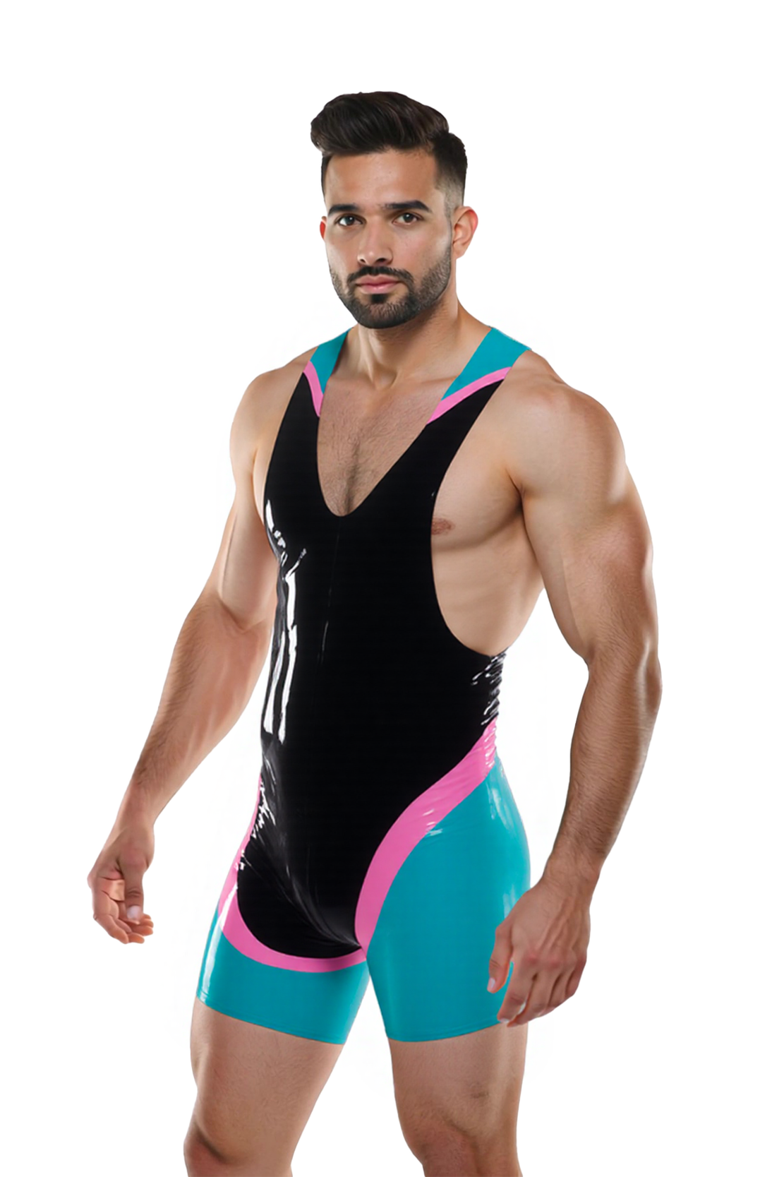 Joyglove Men’s Glossy PU Leather Wrestling Singlet – Red, Grey & White Power Panel Design