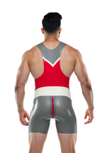 Joyglove Men’s Glossy PU Leather Wrestling Singlet – Black, Blue& Pink Power Panel Design