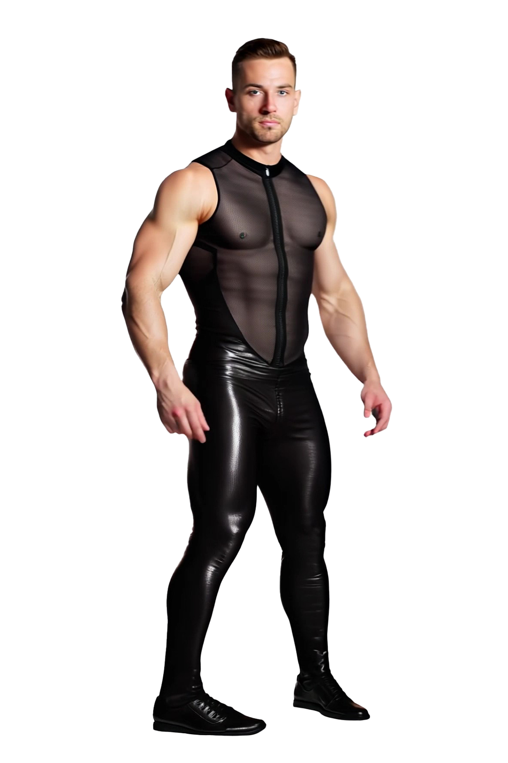 Joyglove Men’s Mesh & PU Leather Full Bodysuit – Sleeveless Zip Front Catsuit