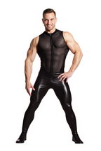 Joyglove Men’s Mesh & PU Leather Full Bodysuit – Sleeveless Zip Front Catsuit