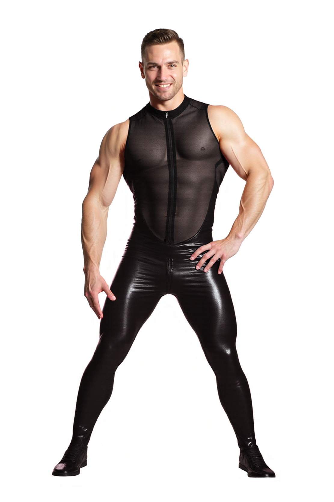 Joyglove Men’s Mesh & PU Leather Full Bodysuit – Sleeveless Zip Front Catsuit