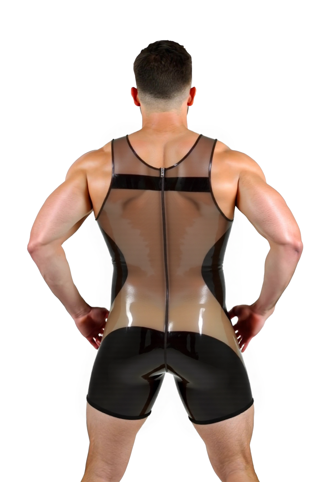 Joylgbt Men's Hybrid Transparent Mesh Leather Bodysuit	