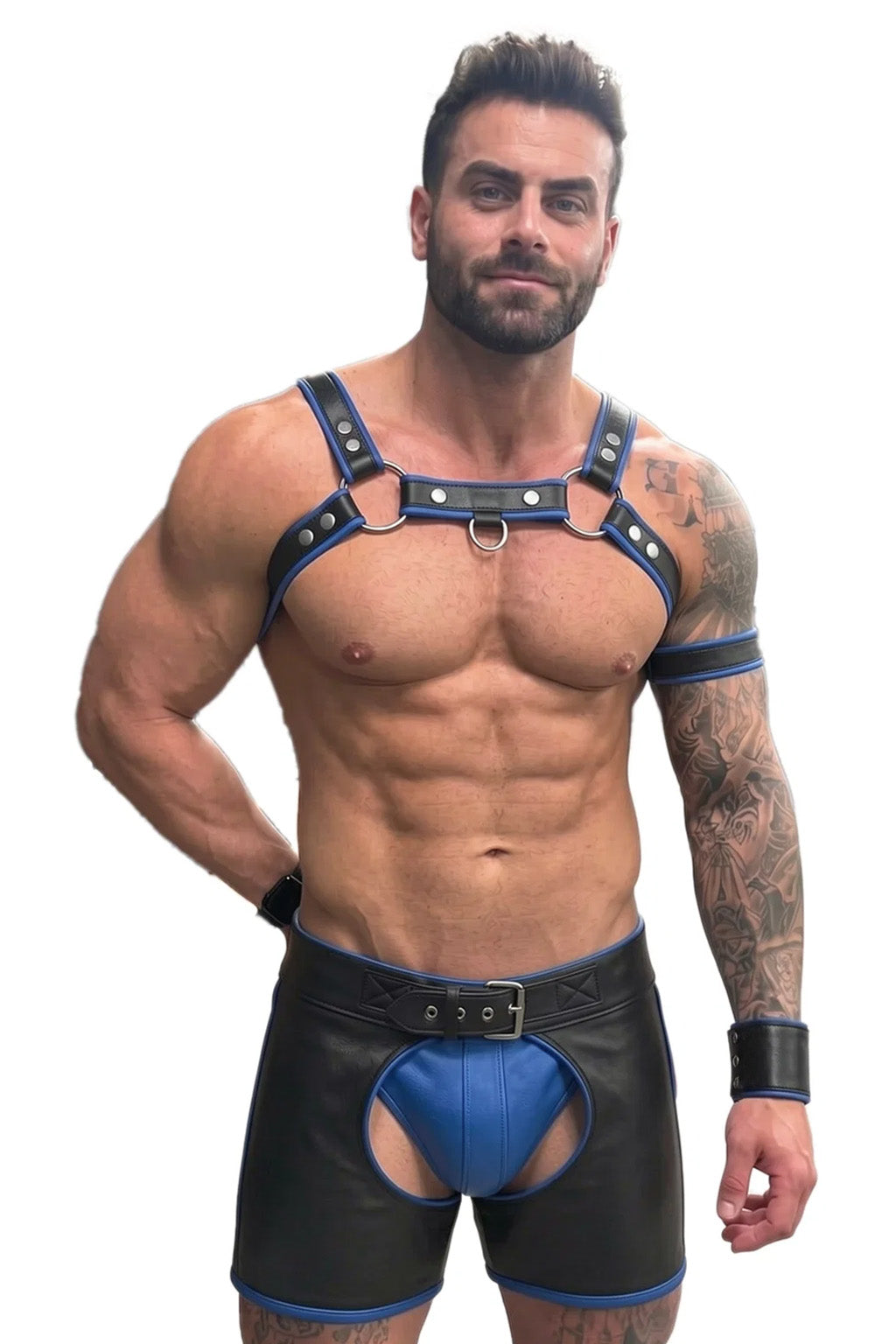 Joyglove Cobalt Force 5-Piece PU Leather Harness Set with Arm Band, Wrist Cuff & Cutout Shorts