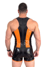 Joy-lgbt Men’s Orange Black Glossy Tank and Shorts Bodysuit
