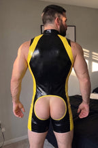 Joy-lgbt Men’s Black Yellow Glossy Sleeveless Bodysuit Shorts