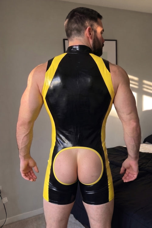 Joy-lgbt Men’s Black Yellow Glossy Sleeveless Bodysuit Shorts