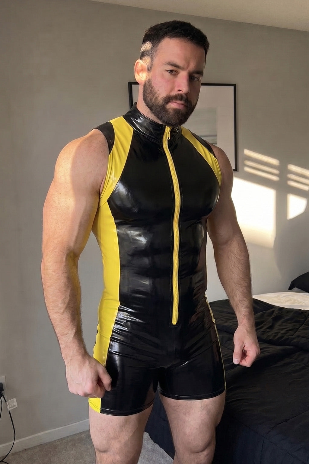 Joy-lgbt Men’s Black Purple Glossy Sleeveless Bodysuit Shorts