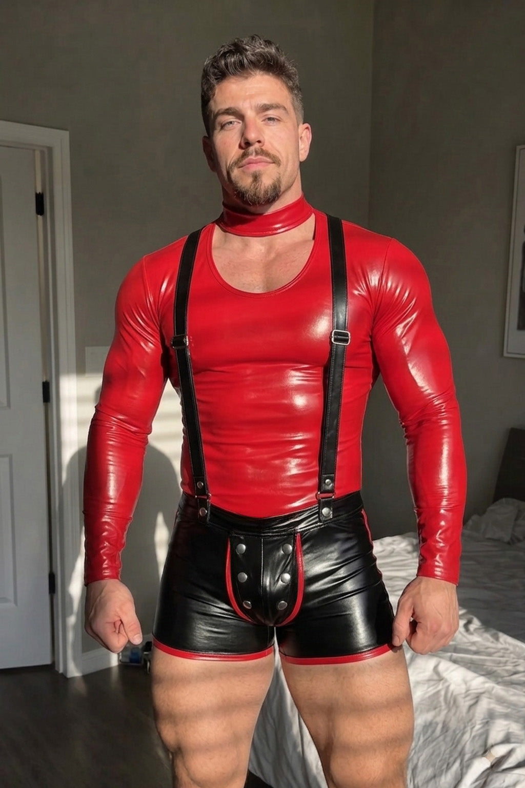 Joy-lgbt Red Black Glossy Long-Sleeve Suspender Shorts Set