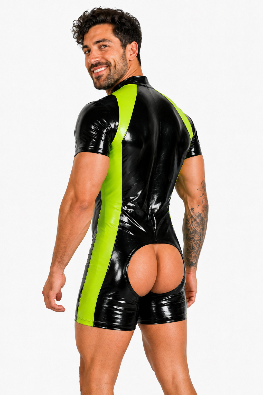 Joy-lgbt Men’s Black Neon Green Glossy Short-Sleeve Bodysuit Shorts