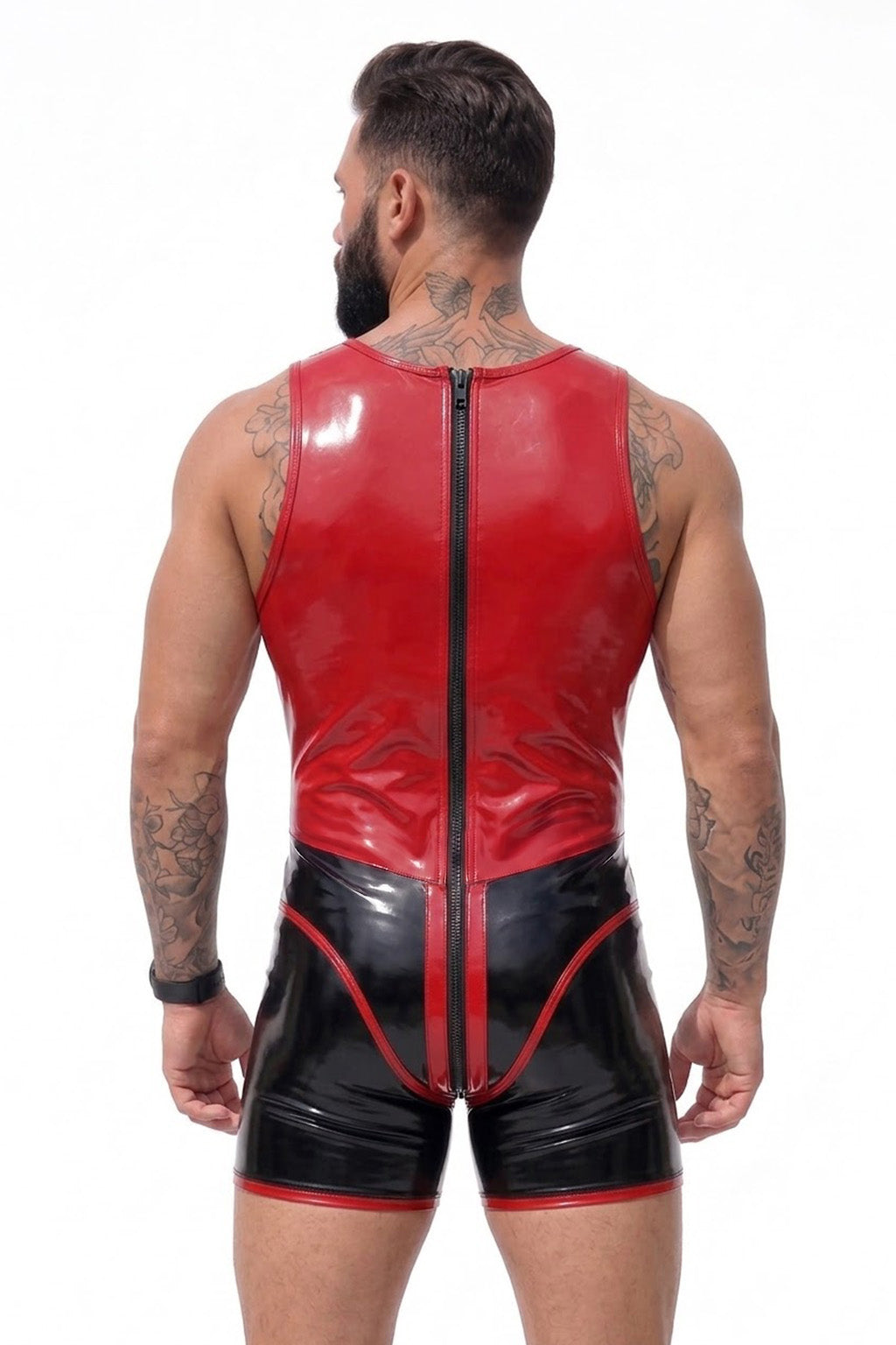Joy-lgbt Red Black Glossy Sleeveless Zip-Front Bodysuit